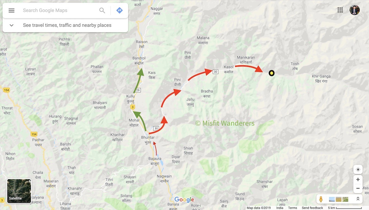 bhuntar to kasol, kullu, manali map