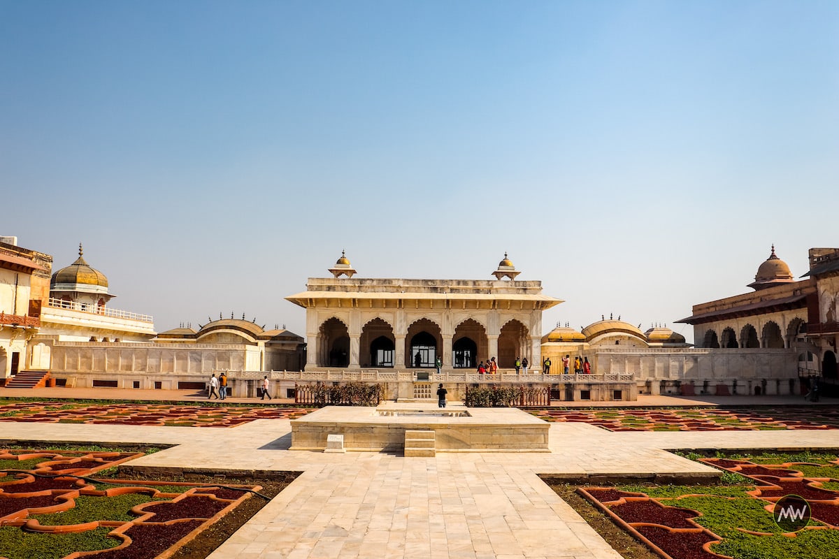 Khas Mahal with two palanquin-like building on both sides and Angoori Bagh in Front - Agra Fort